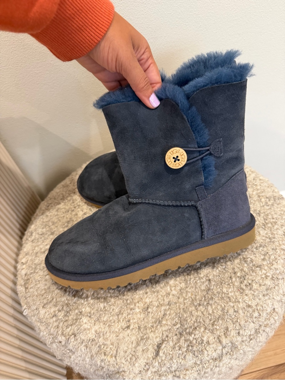 UGG kids Mini Button Boot in Navy Blue with Chestnut Sole